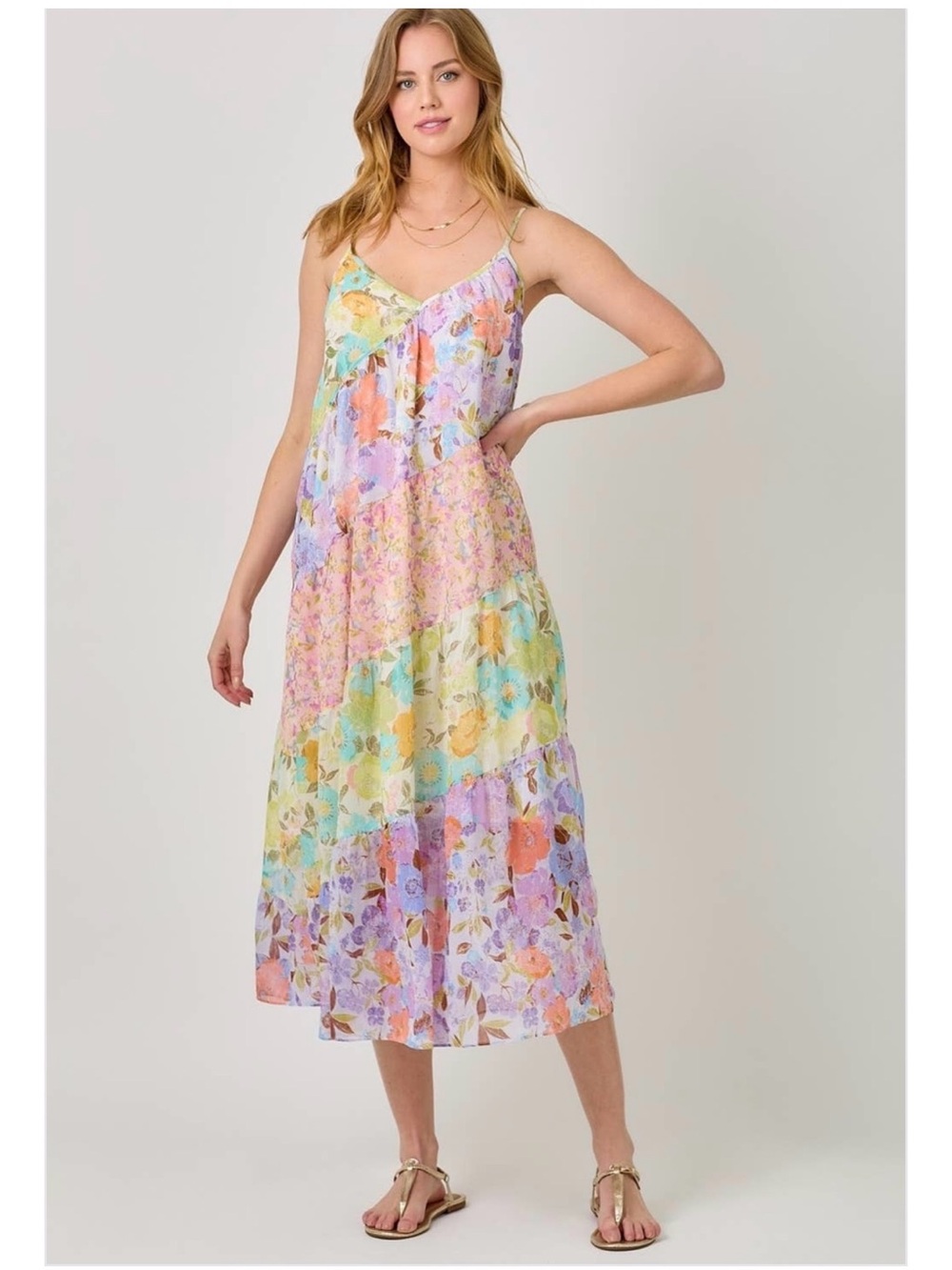 Mystree Pastel Floral Tiered Midi Dress - Pink, Lavender, Yellow, Mint